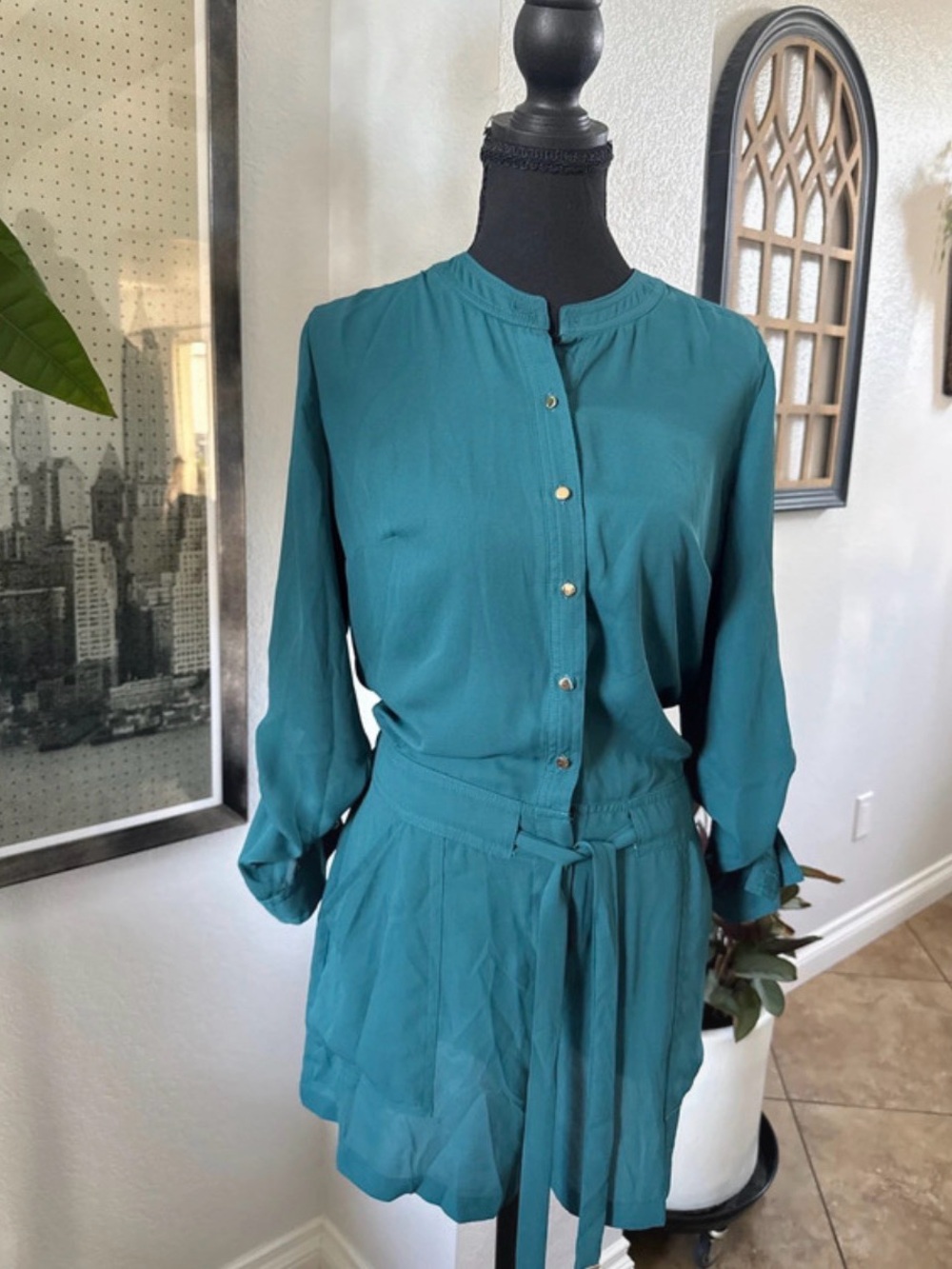 Jennifer Lopez Teal Long-Sleeve Button romper with Tie Waist